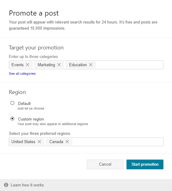 Bing Pages Promotions setup tab view for Canadian Email Summit