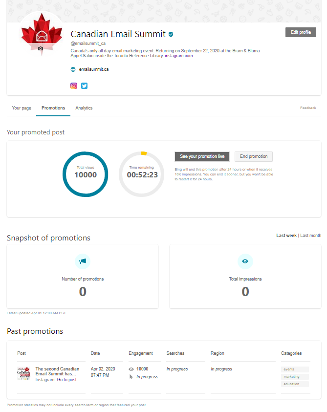 Bing Pages Promotions tab view for Canadian Email Summit